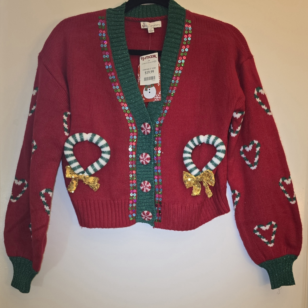 NEW Holiday Red and Green Cardigan with Gold Accents